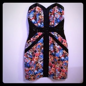 SOLD! Floral mini dress w leather&sequin trim NWT